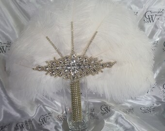 White Ostrich Feather Fan: Gold Rhinestone Crystal Wedding Bouquet