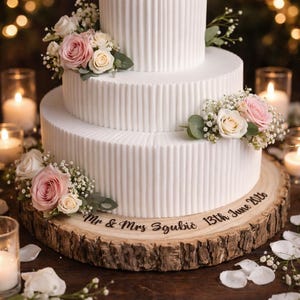 Personalized Wood Slice Cake Stand, Engraved Rustic Wedding Display stand, Personalised Engraved log Slice, Engagment Dessert Display Board image 10