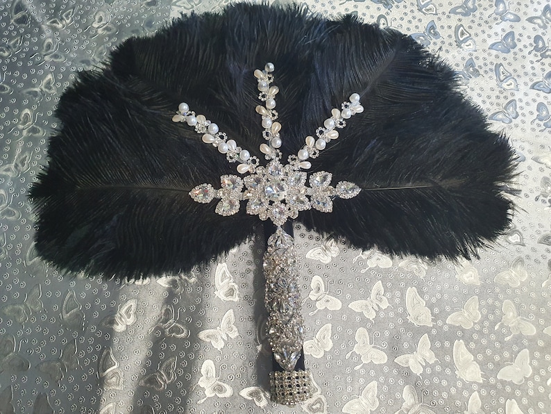 Black Feather Fan wedding bouquet Ostrich feather crystal image 4