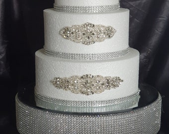 Crystal  Rhinestone cake stand,  diamante cake base, mirror top + 3 meters of matching  cake trim by Crystal wedding uk