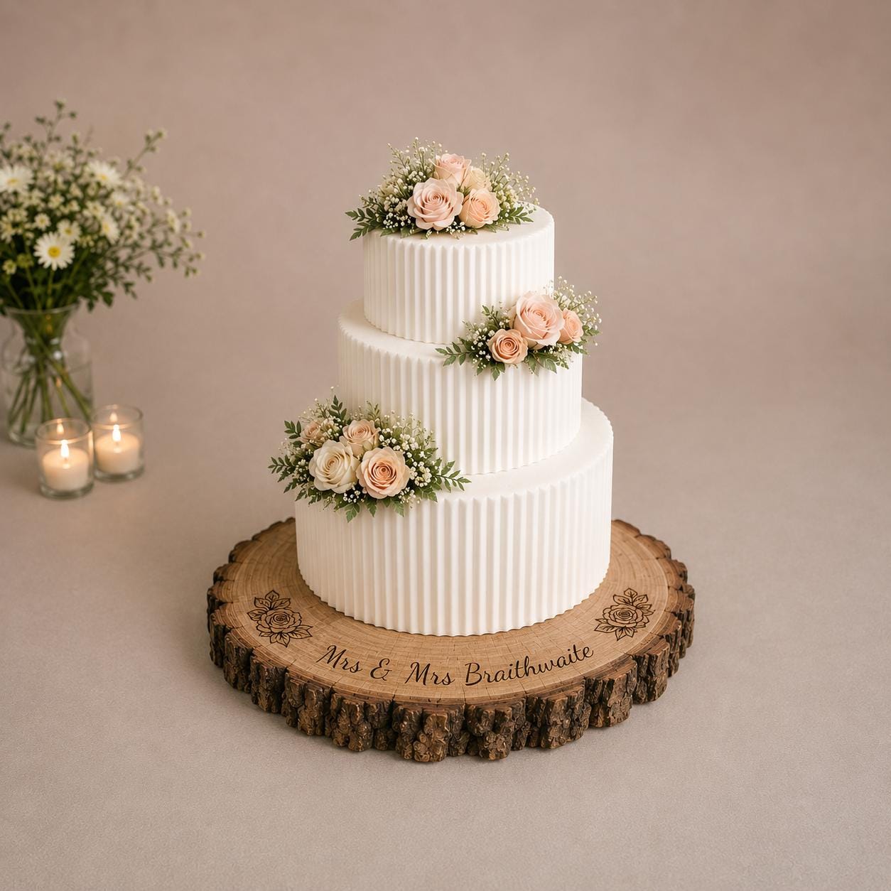 Personalized Wood Slice Cake Stand, Engraved Rustic Wedding