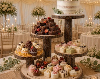 Personalized Log Slice Cake Stand, Stepped 3,4,or 5 Tier Engraved Rustic Wedding stand, Personalised wooden cupcake Dessert Display