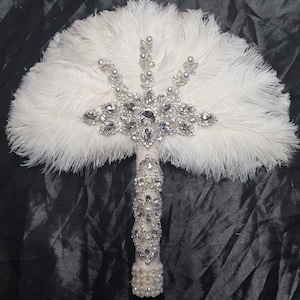 White Feather Fan ,wedding hand fan bouquet bridal Ostrich feather bouquet, Gatsby by Crystal wedding uk