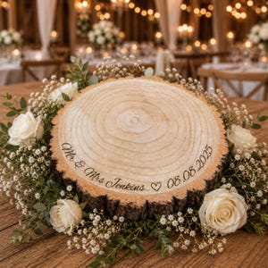 May include: A circular wooden tree slice centerpiece featuring natural bark edges and a light wood grain surface. The wood is engraved with the text Mr & Mrs Jenkins, a heart symbol, and the date 08.08.2025, surrounded by white roses and baby's breath.