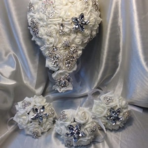 Rose & Brooch bouquet, bridesmaid brooch bouquet, buttonholes, all sold separately, any colour by Crystal wedding uk