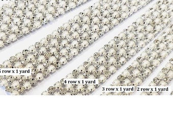 IVORY Pearl & Clear rhinestone Diamante trim ribbon banding for wedding cake decoration  1 yard