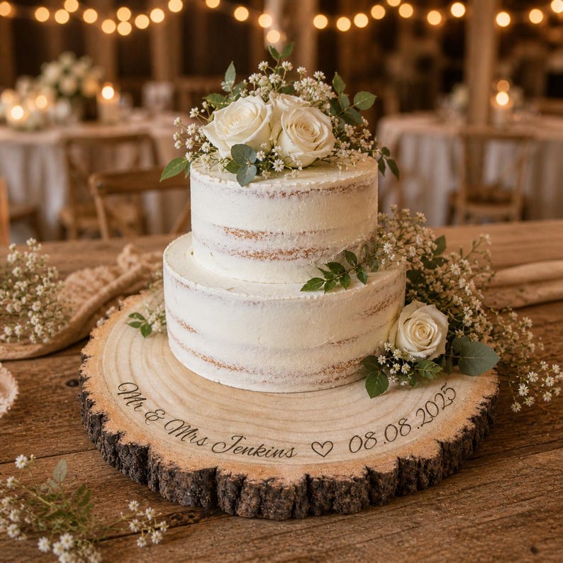 May include: A two-tier semi-naked cake topped with white roses and baby's breath, resting on a round wooden log slice engraved with the text Mr & Mrs Jenkins, a heart symbol, and the date 08.08.2025, decorated with additional white floral sprigs.