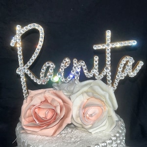 Lindo topo de bolo de cristal, 6'' em qualquer letra, topo de bolo com nome personalizado, strass brilhantes, topo de bolo com pérolas