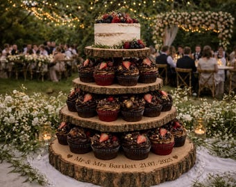 Personalized Wood Slice Cake Stand,3 Tier Engraved Rustic Stand  4 tier Wedding stand, Personalised log cupcake stand 5 tier Dessert Display