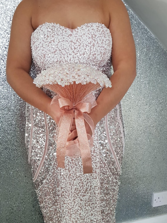 Clear Crystal Wedding Bouquet: Rose Gold Wire Bead Jewel Bouquet