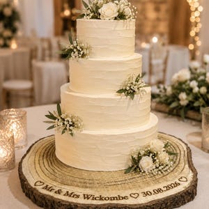 May include: A four-tier white frosted wedding cake decorated with white roses and baby's breath, resting on a circular wooden log slice engraved with the text "Mr & Mrs Wickombe" and the date "30.08.2026" surrounded by heart symbols.