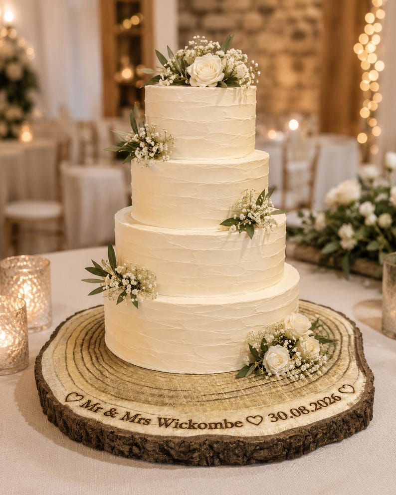 May include: A four-tier white frosted wedding cake decorated with white roses and baby's breath, resting on a circular wooden log slice engraved with the text "Mr & Mrs Wickombe" and the date "30.08.2026" surrounded by heart symbols.