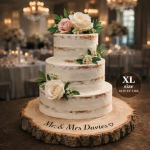 May include: A three-tier semi-naked wedding cake decorated with white and pink roses and green leaves, resting on a round wooden log slice engraved with the text Mr. & Mrs. Davies and a heart. The cake is labeled as an XL size 19 in x 2 in cake.