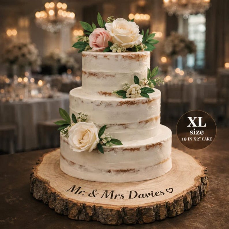 May include: A three-tier semi-naked wedding cake decorated with white and pink roses and green leaves, resting on a round wooden log slice engraved with the text Mr. & Mrs. Davies and a heart. The cake is labeled as an XL size 19 in x 2 in cake.