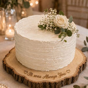 May include: A round white frosted cake topped with a white rose and baby's breath, resting on a circular wooden slab with bark edges. The wood is engraved with the text "It was Always You" flanked by two small heart symbols on the front surface.