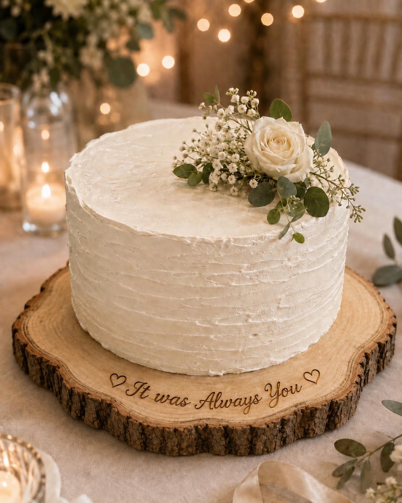 May include: A round white frosted cake topped with a white rose and baby's breath, resting on a circular wooden slab with bark edges. The wood is engraved with the text "It was Always You" flanked by two small heart symbols on the front surface.