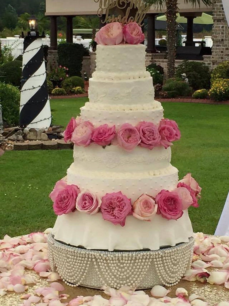 round or square all sizes Drape design wedding cake stand Rose Gold crystals /& Ivory pearls