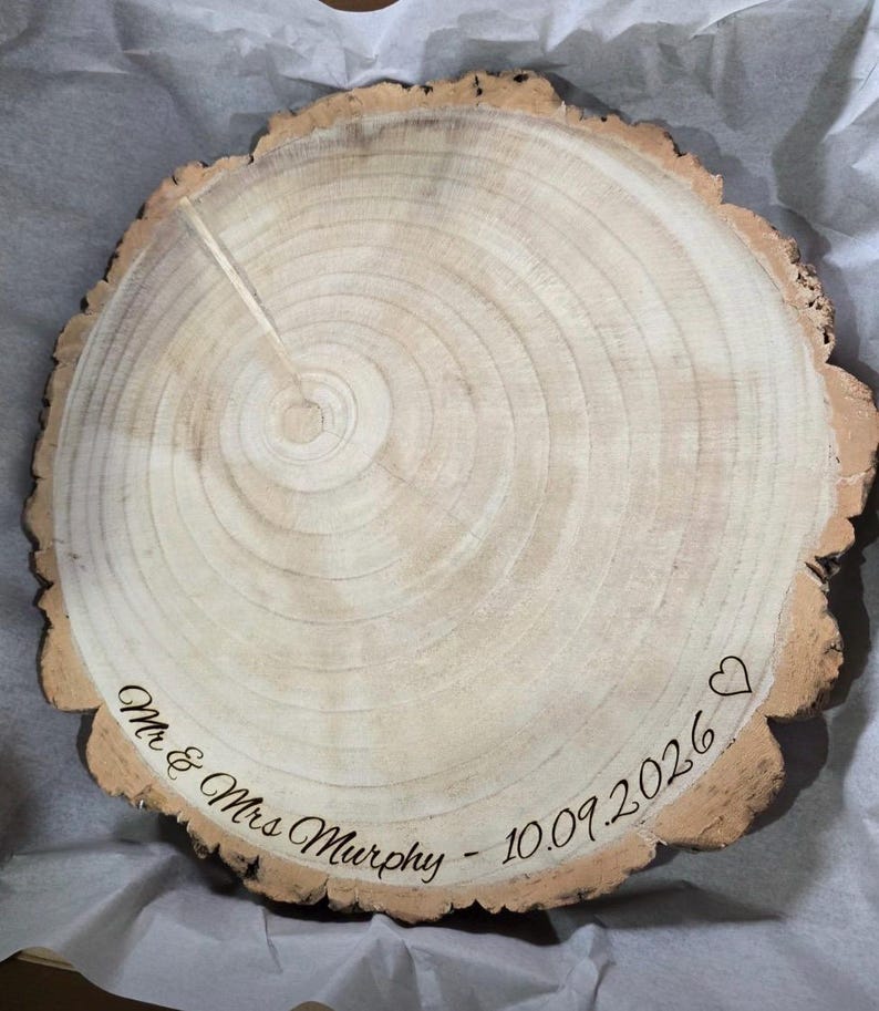 Personalized Wood Slice Cake Stand, Engraved Rustic Wedding Display stand, Personalised Engraved log Slice, Engagment Dessert Display Board image 7