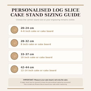 May include: A sizing guide for a personalized log slice cake stand with the text PERSONALIZED LOG SLICE CAKE STAND SIZING GUIDE. It lists four size options ranging from 20-24 cm to 42-44 cm, corresponding to 4-14 inch cake or cake board sizes.