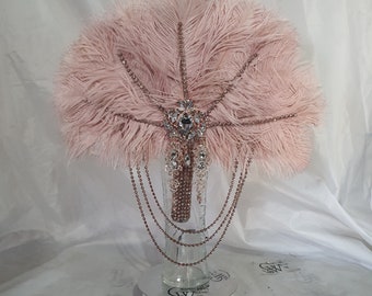 Blush Ostrich Feather Fan Bouquet: Rose Gold Rhinestone, 1920s Wedding