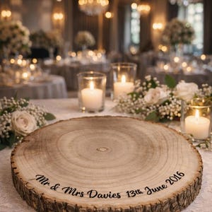 May include: A circular wooden log slice with natural bark edges, featuring the engraved text Mr & Mrs Davies 13th June 2016 on the top surface. The wood grain is visible across the flat face of this round, light brown, textured display stand.