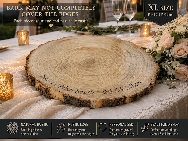 May include: A round wooden cake stand featuring a natural bark edge and visible tree rings. The surface is engraved with the text "Mr & Mrs Smith - 25.04.2026". The product is labeled as XL size for 12-14 inch cakes, noting bark may not cover edges.