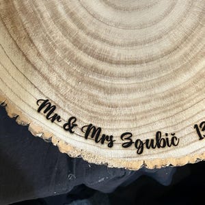 Personalized Wood Slice Cake Stand, Engraved Rustic Wedding Display stand, Personalised Engraved log Slice, Engagment Dessert Display Board image 12