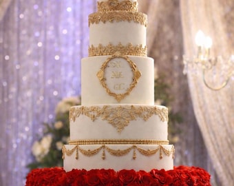 Red Rose Wedding Cake Stand – Handmade Silk Flower Cake Display – Romantic Bridal Cake Stand- Couture Floral Display