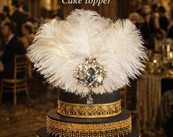 Vintage Ostrich Feather Cake Topper, Rhinestone Brooch, 1920s Gatsby Decor