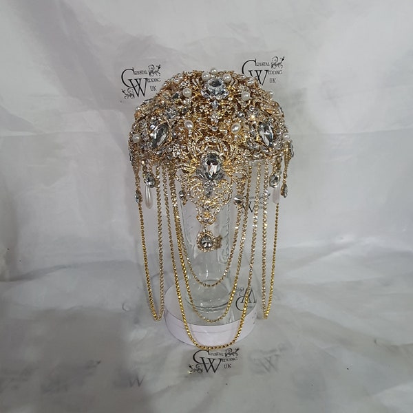 Gold Brooch bouquet, Jewel crystal wedding bouquet. Crystal Bridal Brooch Bouquet, cascade Jewel bouquet by Crystal wedding uk