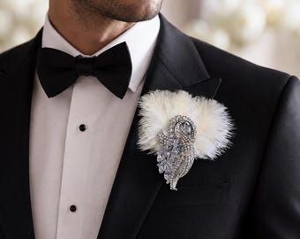Ostrich Feather buttonhole Boutonnière -ANY COLOUR Artificial buttonhole by Crystal wedding uk