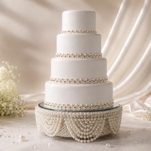 May include: A five-tier white cake with smooth frosting, featuring horizontal bands of small white pearls at the base of each tier. The cake rests on a circular stand decorated with draped strands of white pearls and clear crystals.