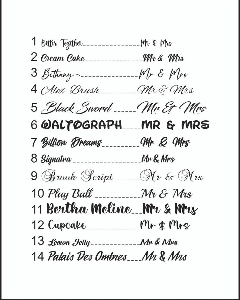 May include: A white chart displaying fourteen numbered font styles in black text. Each line features a font name followed by a dashed line and the sample text Mr & Mrs. The list includes Better Together, Cream Cake, Bethany, Alex Brush, Black Sword, WALTOGRAPH, Billion Dreams, Signatra, Brook Script, Play Ball, Bertha Meline, Cupcake, Lemon Jelly, and Palais Des Ombres.