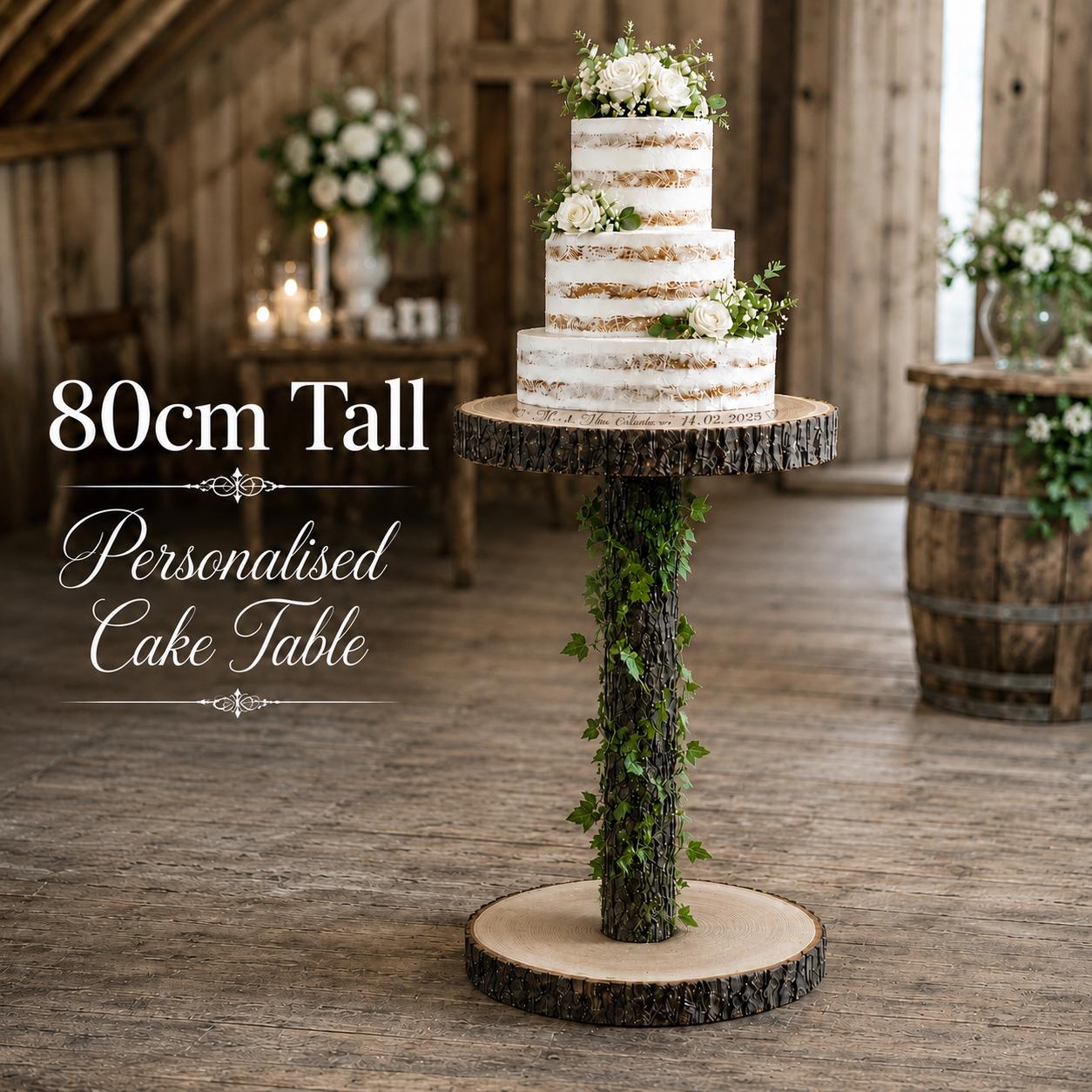 80cm Tall Rustic Wedding Cake Table, Personalised Wood Log Cake