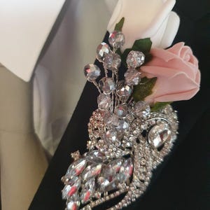 Crystal brooch buttonhole with crystals & Foam roses by Crystal wedding uk