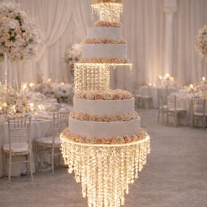 Tall 3-Tier Crystal Chandelier Wedding Cake Stand with LED Lights – Illuminated Cake Display