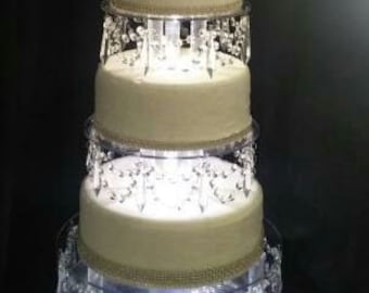 Crystal Chandelier LED Wedding Cake Tiers, CAKE Separator Set of 2, cake dividers, glass crystal drapes, 7"+ 9"" x 3" depth