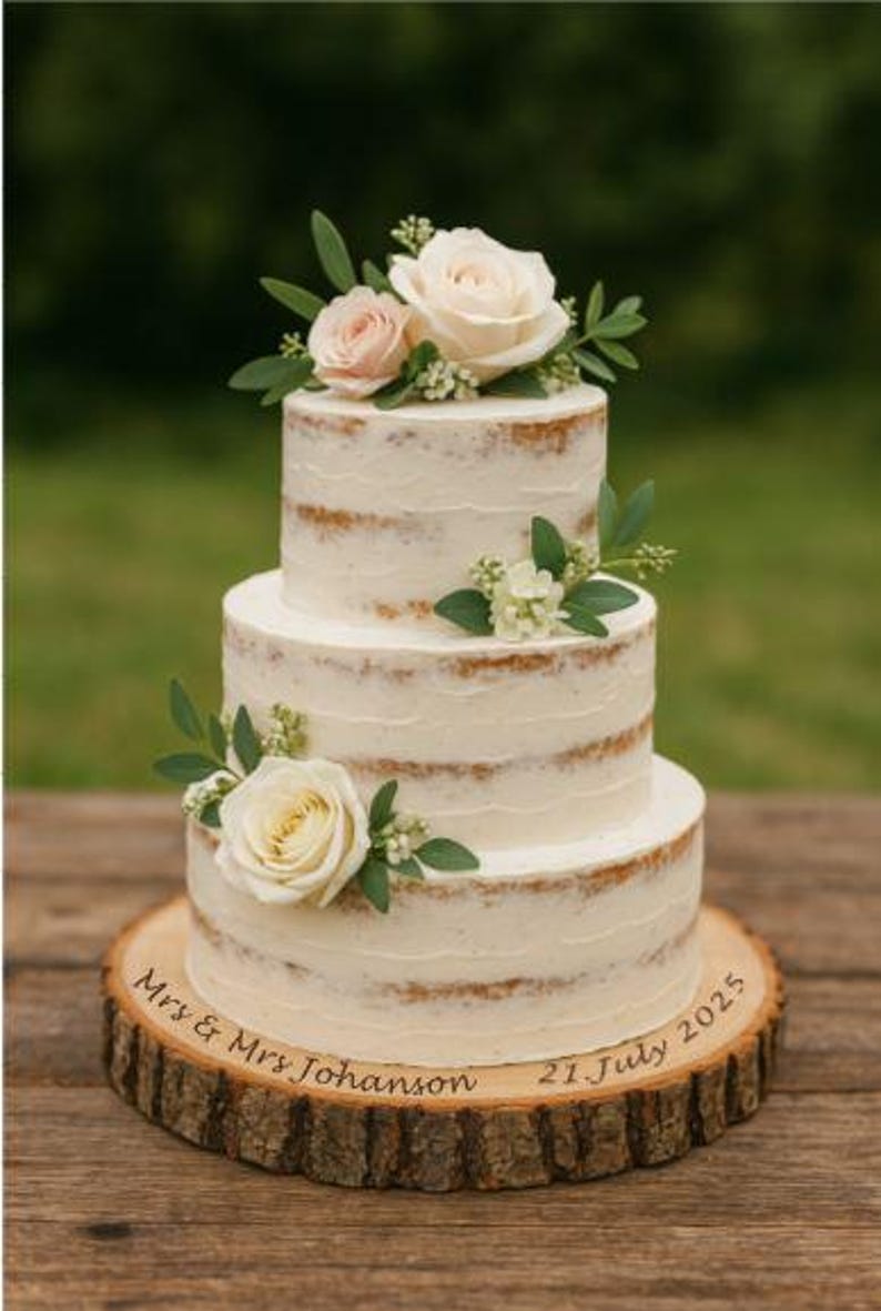 May include: A three-tier naked wedding cake with white frosting, decorated with cream and pale pink roses and green leaves. The cake sits on a round wooden log slice engraved with the text Mrs & Mrs Johanson and 21 July 2025.