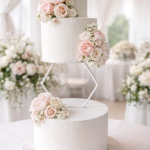 Peut inclure: Un gâteau de mariage blanc à trois niveaux orné de roses roses et blanches et de verdure. Le gâteau est soutenu par un support métallique géométrique et repose sur un présentoir à gâteau en marbre. L'arrière-plan est légèrement flou.