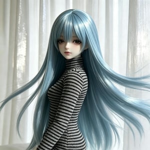 May include: A ball-jointed doll with long, straight, light blue hair and bangs. The doll has a pale complexion, dark eyes, and is wearing a long-sleeved, high-neck sweater featuring a pattern of thin, horizontal black and white stripes.