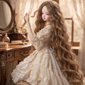 May include: A ball-jointed doll with long, wavy light brown hair, wearing a cream-colored dress featuring tiered lace ruffles, sheer puff sleeves, and a small white ribbon bow at the waist. The doll has a pale complexion and large, expressive eyes.