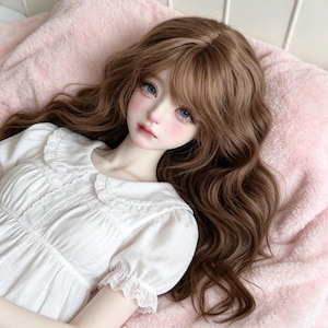 May include: A doll with long, wavy brown hair and blue eyes, wearing a white dress with a lace collar and sleeves. The doll has rosy cheeks and lips, and is lying on a pink, fluffy surface.