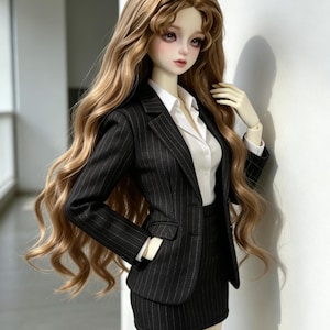 May include: A ball-jointed doll with long wavy light brown hair, wearing a black pinstriped blazer and matching skirt over a crisp white collared button-down shirt. The doll has a pale complexion, large dark eyes, and a neutral facial expression.