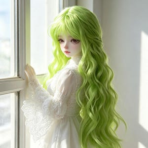 Puede incluir: Una muñeca articulada con cabello largo y ondulado de color verde lima y piel pálida. La muñeca viste un vestido blanco de manga larga con detalles de encaje en los puños y el corpiño, cuello alto y una falda de silueta fluida.