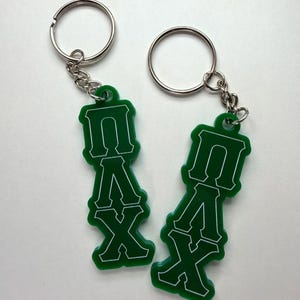 May include: Two green keychains with the name "MAX" in white lettering. Each keychain has a silver ring and chain. The keychains are on a white background.