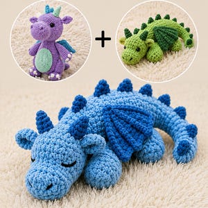 May include: A crochet pattern for three dragon toys. The text reads Dragon Crochet Pattern. One purple dragon with a light green belly, one green dragon, and one blue dragon with dark blue wings and spikes are shown as examples of the finished items.