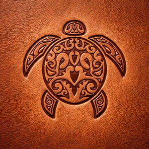 Può includere: Primo piano di una superficie in pelle marrone con un design a tartaruga in rilievo dettagliato. La tartaruga presenta motivi e volute intricati, con un aspetto strutturato. L'immagine mette in evidenza l'artigianalità della lavorazione della pelle.