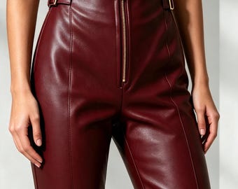 Burgundy Leather Pants for Women | High-Waisted Ankle-Length Trousers with Gold Buckle Hardware, Cropped Fit