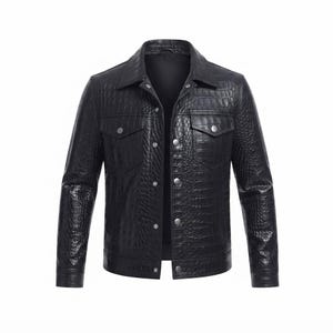 Schwarze Herren-Lederjacke in Krokodiloptik – Handgefertigte Truckerjacke im Alligator-Stil – Lässige Oberbekleidung – Maßgeschneiderte Ledermode