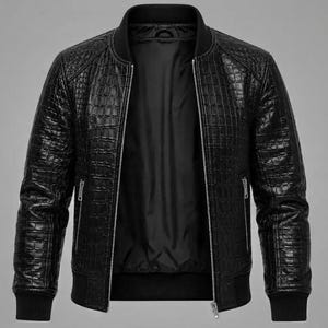 Men's Crocodile Leather Jacket , Black Bomber Jacket, Genuine Leather , Crocodile Embossed pattern , Gift for Him